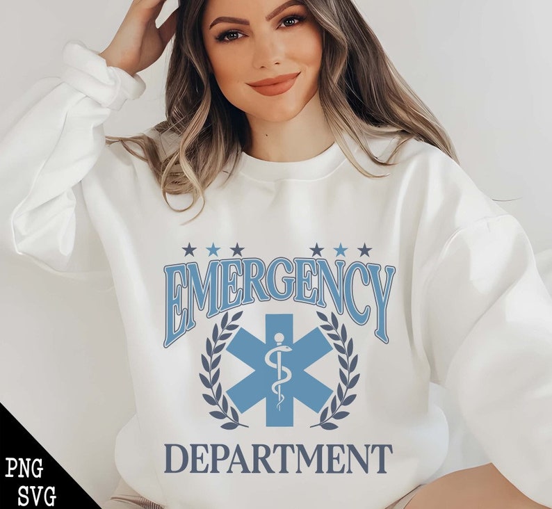 May include: White sweatshirt with a blue and gray graphic design that says "Emergency Department" with a star and medical symbol.