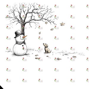 May include: A black and white illustration of a snowman with a black top hat and a carrot nose standing in front of a bare tree with a small dog looking up at the snowman. There are fallen leaves on the ground.
