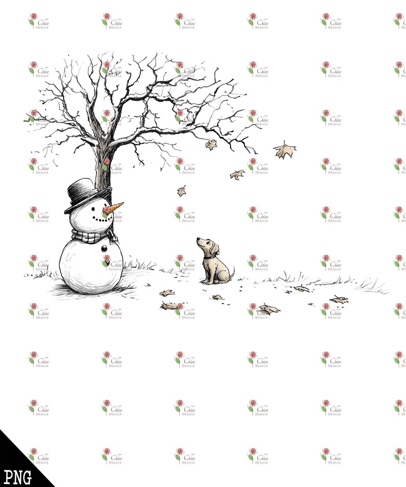 May include: A black and white illustration of a snowman with a black top hat and a carrot nose standing in front of a bare tree with a small dog looking up at the snowman. There are fallen leaves on the ground.