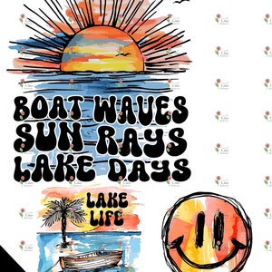 May include: A watercolor illustration of a sunset over a lake with the text "BOAT WAVES SUN RAYS LAKE DAYS" and "LAKE LIFE". There is a smiley face with a yellow, orange, and red background and a small boat with a palm tree on a small island.