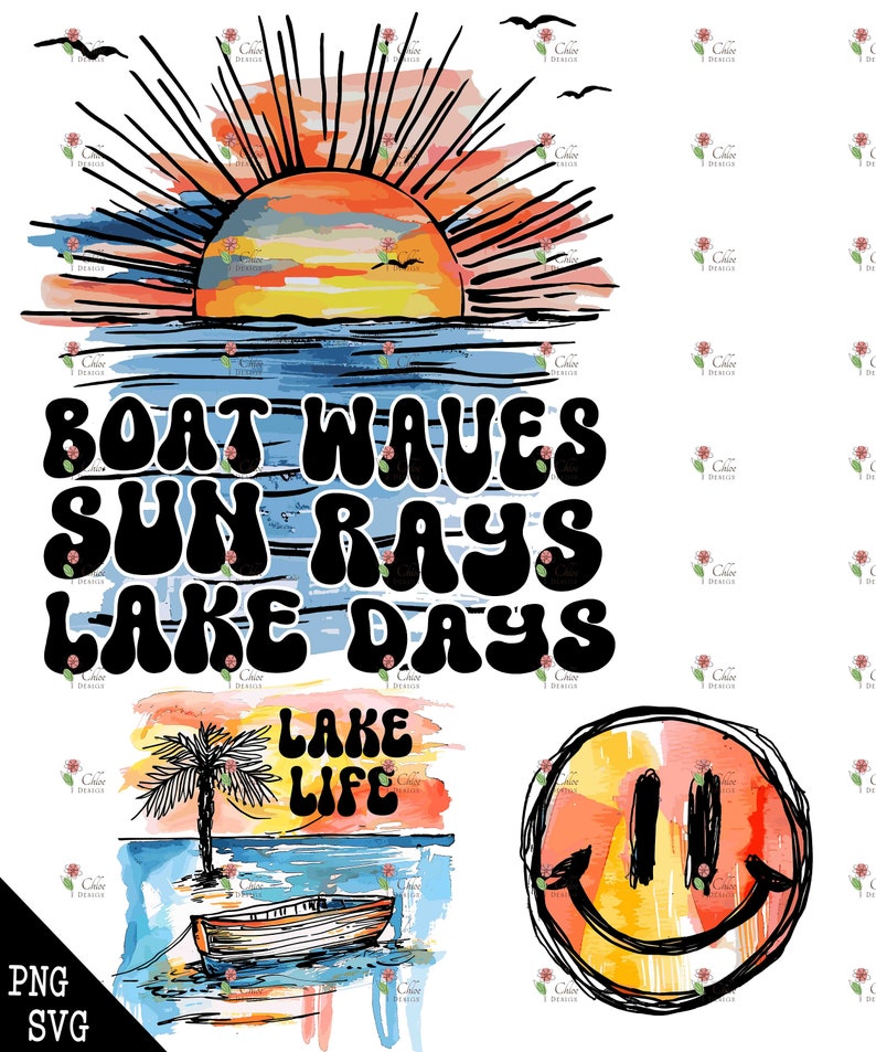 May include: A watercolor illustration of a sunset over a lake with the text "BOAT WAVES SUN RAYS LAKE DAYS" and "LAKE LIFE". There is a smiley face with a yellow, orange, and red background and a small boat with a palm tree on a small island.
