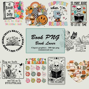 May include: A collection of 12 digital illustrations featuring book-themed designs. The illustrations include skulls, flowers, books, and text related to reading. The text includes phrases like "Antisocial Book Club", "Well Read and Witchy", "A Book a Day", "Happiest When I'm Reading", "So Many Books, So Little Time", "F*ck Off I'm Reading", "Professional Bookworm", "Read Books Be Kind", and "Thing I Do In My Spare Time".