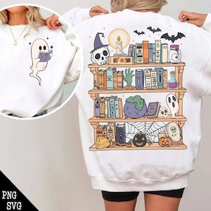 May include: White sweatshirt featuring a graphic of a bookshelf filled with spooky Halloween themed items, including books, a cauldron, a skull, a ghost, a spider web, and a pumpkin. The text "RIP" is on a tombstone.