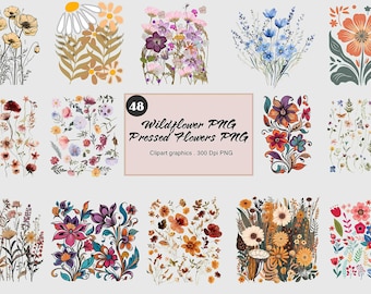 48 Wildflower PNG, Wildflower clipart, Wildflower bundle, Wildflower frame, Flower Png, Boho Floral, Vintage Cottagecore, Pressed Flowers