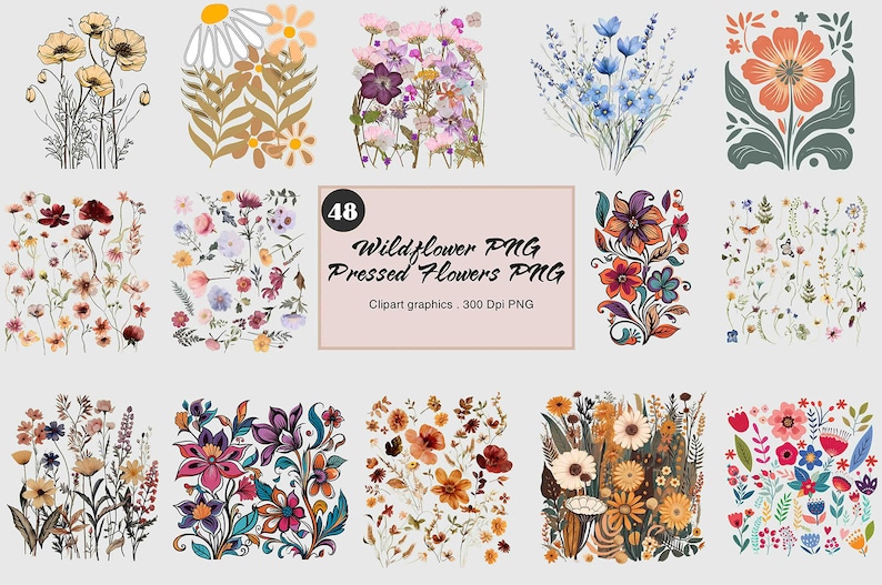 Puede incluir: Un conjunto de 48 ilustraciones digitales de flores silvestres prensadas. Las im&aacute;genes est&aacute;n en formato PNG y tienen una resoluci&oacute;n de 300 DPI. Las flores son de varios colores, incluyendo rosa, morado, azul, amarillo y naranja.