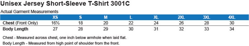 May include: Size chart for a unisex short-sleeve t-shirt, showing chest and body length measurements in inches for sizes XS to 4XL.