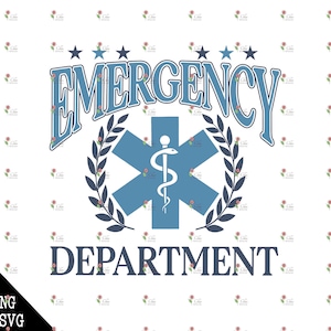 May include: Blue and white graphic design with the text "EMERGENCY DEPARTMENT" and a star of life symbol with a snake wrapped around a rod.
