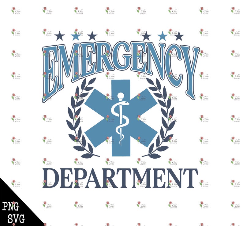 May include: Blue and white graphic design with the text "EMERGENCY DEPARTMENT" and a star of life symbol with a snake wrapped around a rod.