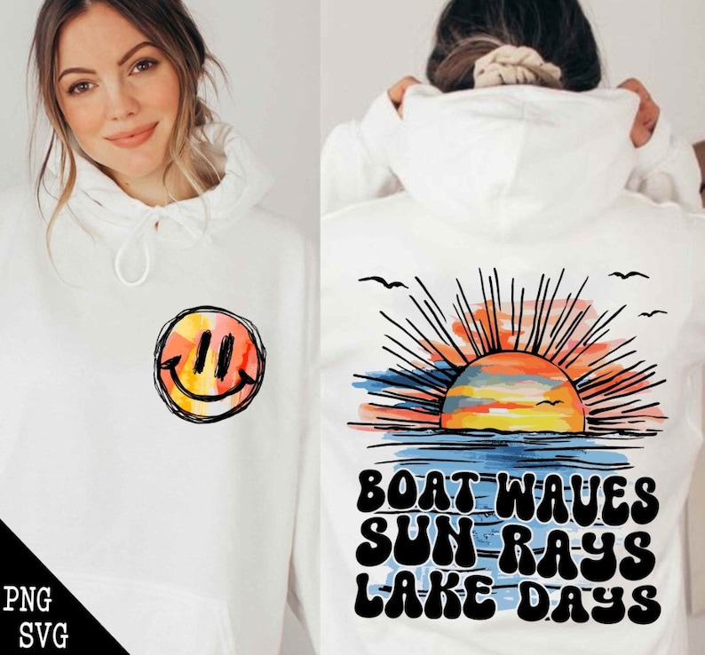 May include: White hoodie with a graphic of a sunset with the text "Boat Waves Sun Rays Lake Days" on the back and a smiley face on the front.