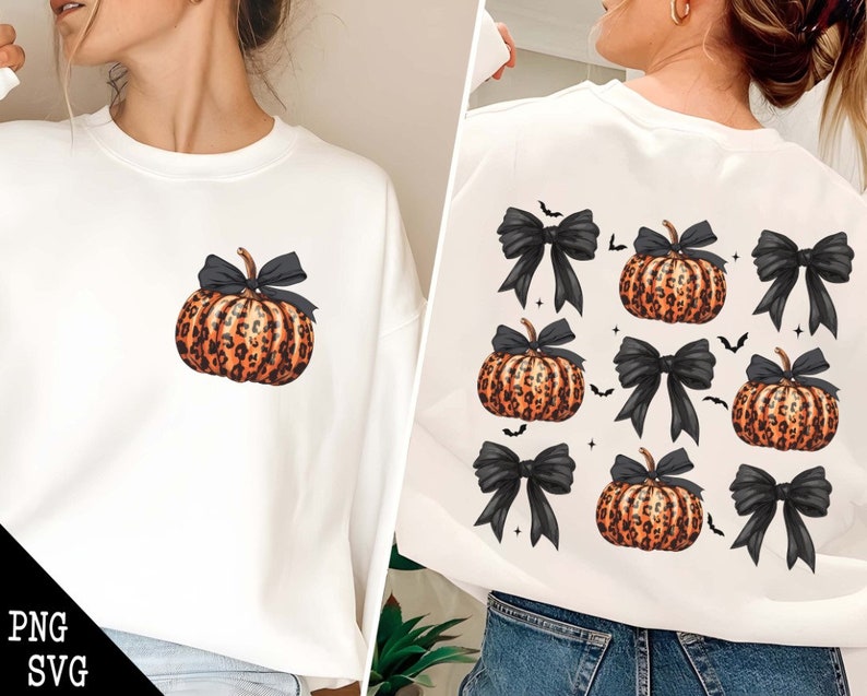 May include: White sweatshirt featuring a leopard print pumpkin with a black bow. The back of the sweatshirt displays a pattern of pumpkins, black bows, and bats. The design is perfect for Halloween or fall.