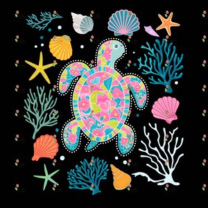 May include: A colorful, floral patterned sea turtle surrounded by seashells, starfish, and coral. The turtle is pink, blue, and green with a white outline. The background is black.