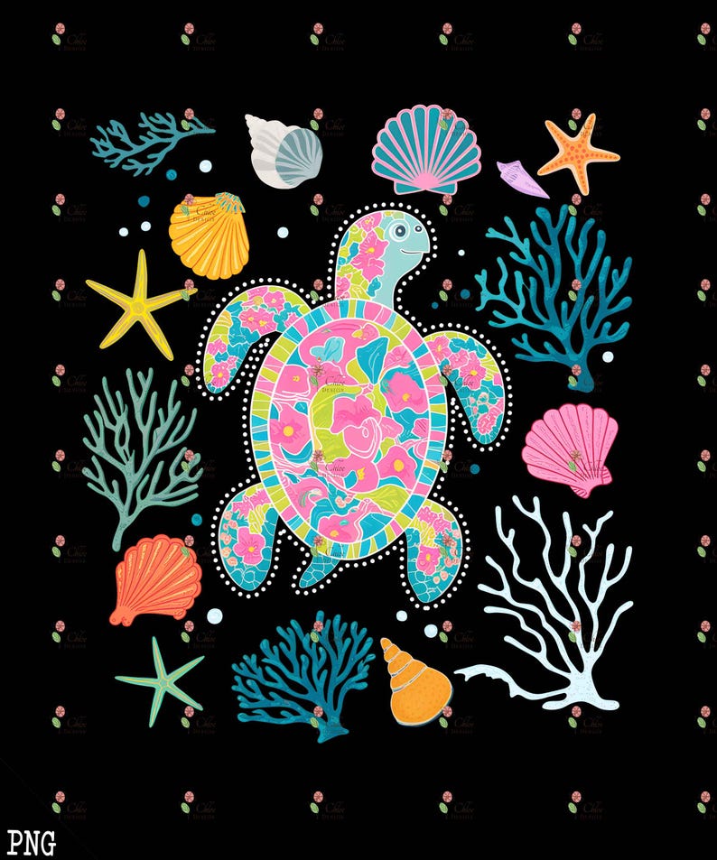 May include: A colorful, floral patterned sea turtle surrounded by seashells, starfish, and coral. The turtle is pink, blue, and green with a white outline. The background is black.