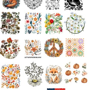 Puede incluir: Una colecci&oacute;n de im&aacute;genes de clipart digital que presentan varios dise&ntilde;os florales, un zorro, un signo de paz, calabazas, mariposas y una bandera estadounidense. Las im&aacute;genes son perfectas para proyectos de manualidades, scrapbooking y dise&ntilde;o digital.