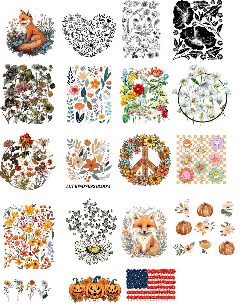 Puede incluir: Una colecci&oacute;n de im&aacute;genes de clipart digital que presentan varios dise&ntilde;os florales, un zorro, un signo de paz, calabazas, mariposas y una bandera estadounidense. Las im&aacute;genes son perfectas para proyectos de manualidades, scrapbooking y dise&ntilde;o digital.