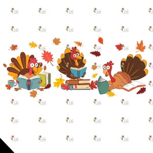 May include: Three cartoon turkeys wearing pilgrim hats are reading books. The turkeys are surrounded by fall leaves and books.