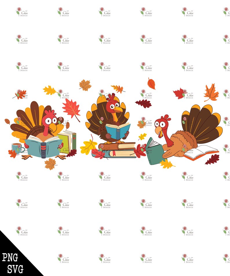 May include: Three cartoon turkeys wearing pilgrim hats are reading books. The turkeys are surrounded by fall leaves and books.