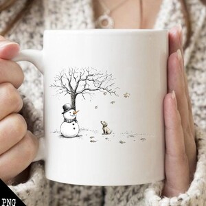May include: White ceramic mug with a black and white illustration of a snowman and a dog standing in front of a bare tree. The snowman is wearing a black top hat and a black scarf. The dog is looking up at the snowman.