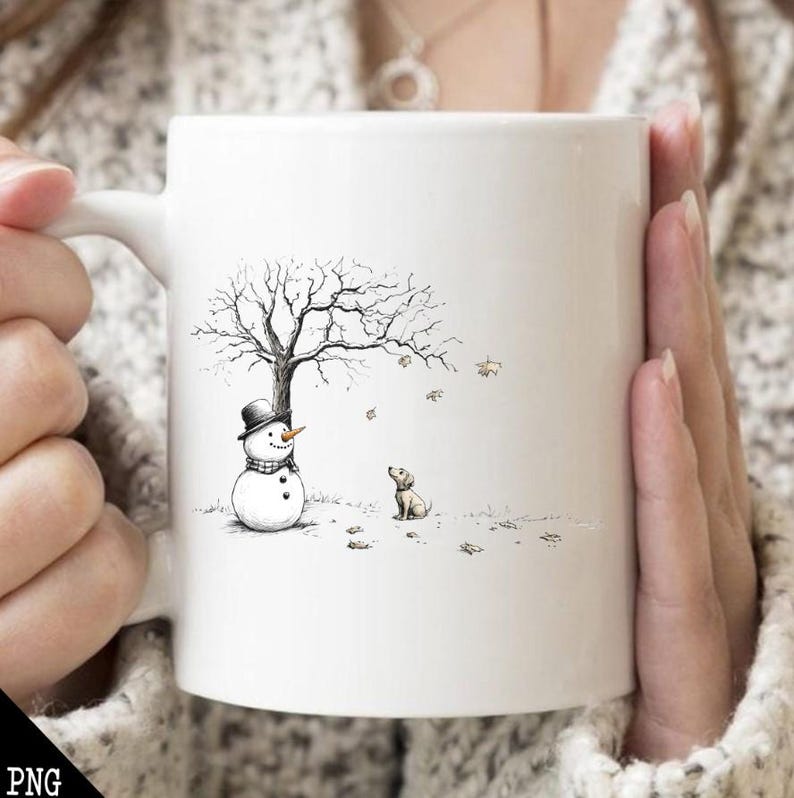 May include: White ceramic mug with a black and white illustration of a snowman and a dog standing in front of a bare tree. The snowman is wearing a black top hat and a black scarf. The dog is looking up at the snowman.