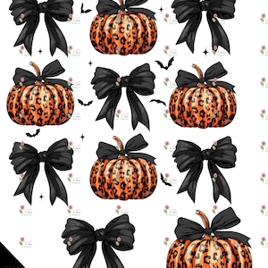 May include: A repeating pattern of black bows and orange pumpkins with leopard print. The pumpkins have green stems and are decorated with black bows. Bats and stars are scattered throughout the design. The image has a white background.