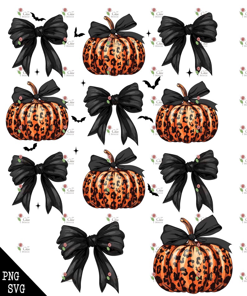 May include: A repeating pattern of black bows and orange pumpkins with leopard print. The pumpkins have green stems and are decorated with black bows. Bats and stars are scattered throughout the design. The image has a white background.