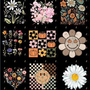 Puede incluir: Un collage digital de varias im&aacute;genes, incluyendo una flor de margarita, un ramo de flores rosas, un patr&oacute;n floral con acentos naranja y verde, un patr&oacute;n a cuadros con una cara sonriente, una margarita con una cara sonriente y un patr&oacute;n de patchwork con calabazas y flores.