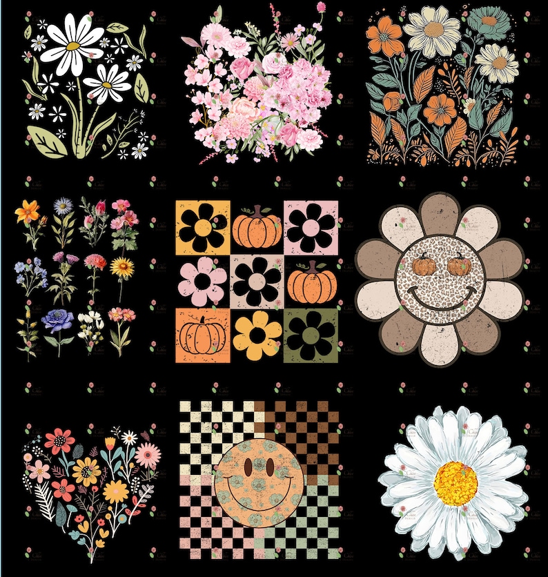 Puede incluir: Un collage digital de varias im&aacute;genes, incluyendo una flor de margarita, un ramo de flores rosas, un patr&oacute;n floral con acentos naranja y verde, un patr&oacute;n a cuadros con una cara sonriente, una margarita con una cara sonriente y un patr&oacute;n de patchwork con calabazas y flores.