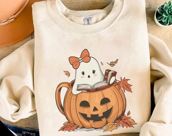 Bücherwurm Geist Kürbis SVG PNG, Süßer Artsy Trendy Halloween Herbst, Kokett Geist Bücher, Geist Kürbis Bücherwurm, Süßes Geistbuch Png