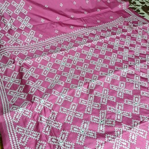 Hand gujrati stich over pink colour blended bangalore silk | Mirror work and running contrast blouse piece for summer wear, party wear saree
