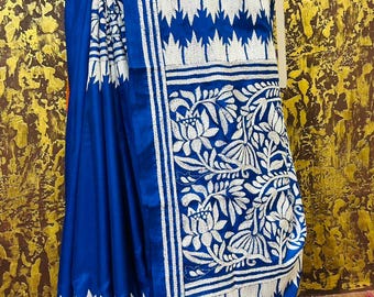Hand Kantha Stitch Saree: Blue Blended Bangalore Silk | ikkat style design