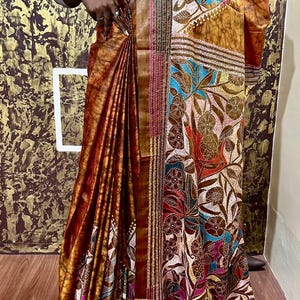 Batik kantha stich saree |Rusty orange colour kantha saree | blended Bangalore silk kantha | temple border design| party wear saree