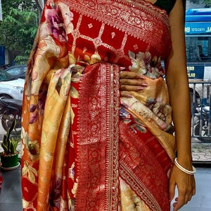 Pure munga silk banarasi over floral digital print and patched border | Shaded munga silk saree with blouse piece for party wear saree