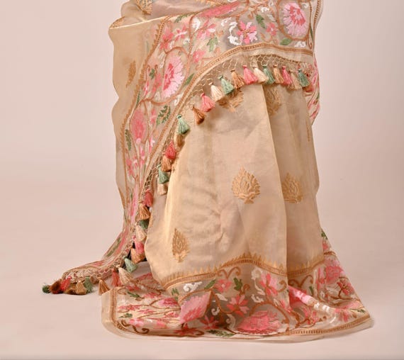 Embroidered Tissue Silk Saree: Multicolored Threadwork, Scalloped Border