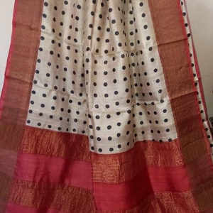 Silkmark certified jari tussar silk with hand block print and and running unstiched blouse piece for wedding, party wear saree