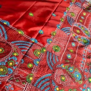 Lambani stich work over blended bangalore silk |  Red kantha work saree| Hand work Saree| Mirror work| for party wear saree