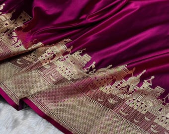 Wine Katan Silk Banarasi Saree: Ganga Ghat Jacquard Weave Bridal Collection