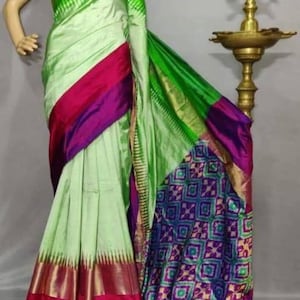 Pochampally ikkat pure silk saree | Reddish Rani colour border | Hand weaving ikkat saree| Party wear saree| pastel green combinations