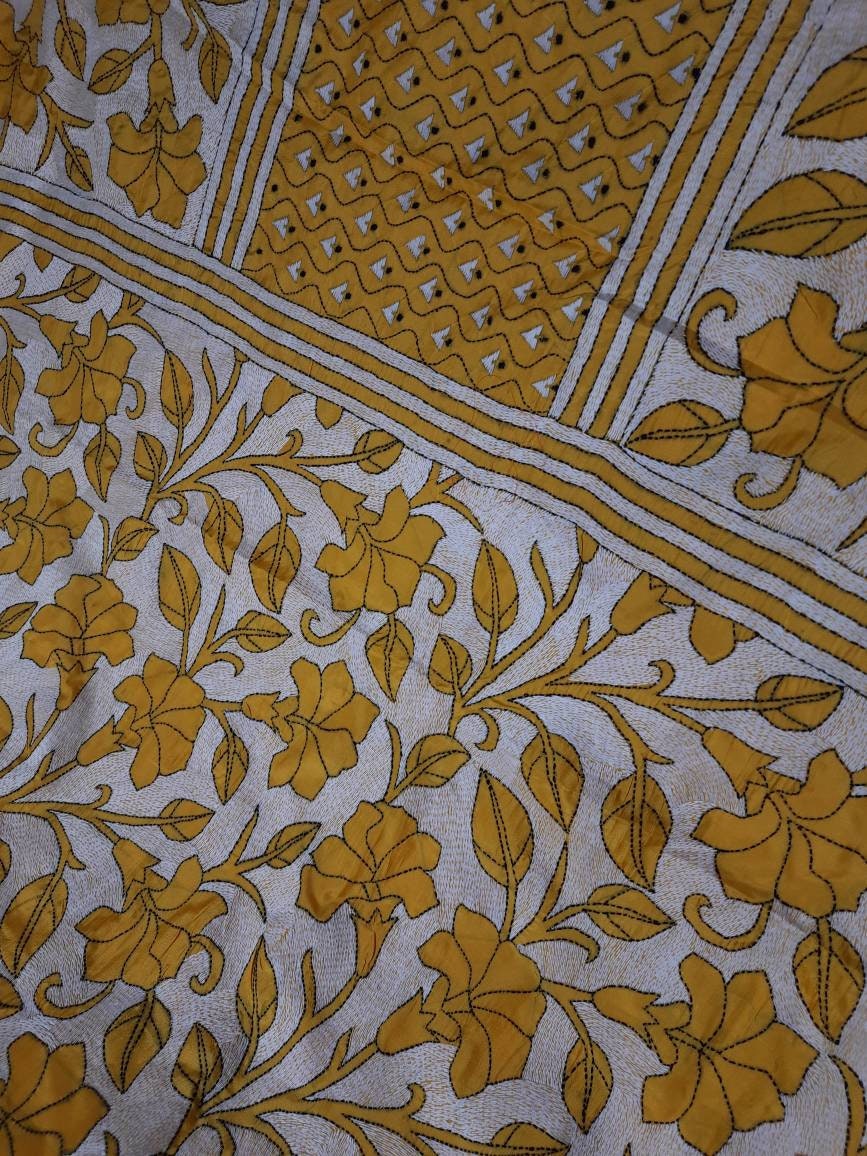 Hand Reverse Kantha Stich Over Blended Bangalore Silk Saree Etsy