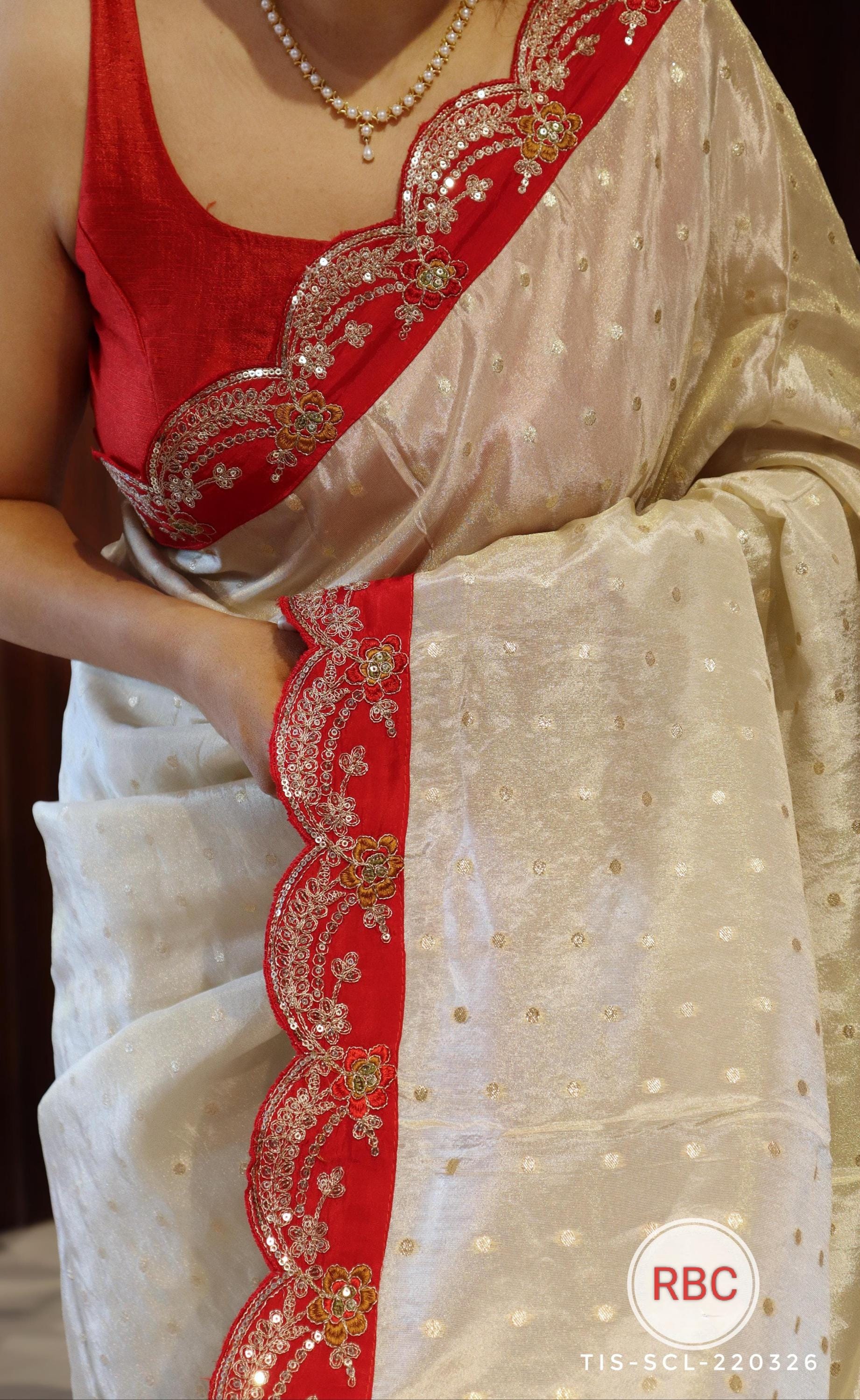 Offwhite Tissue Silk Saree, Red Scalloped Handwork Border, Festive Partywear