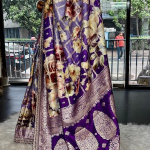 Pure munga silk banarasi over floral digital print and patched border | Shaded munga silk saree with blouse piece for party wear saree