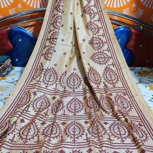 Hand gujrati stich over blended bangalore silk maroon and black dual tone and running blouse piece for party wear saree