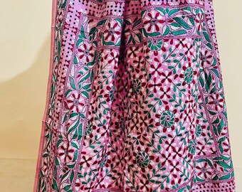 Batik Kantha Stitch Saree: Pink & White Bangalore Silk, Party Wear