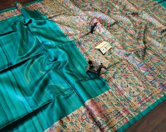Hand-Painted Madhubani Ghicha Tussar Silk Saree – Party Wear Indian Silk Sari