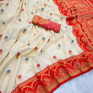 Meenakari katan banarasi saree| Semi katan banarasi| Contrast colour|Puja special red white banarasi sari| wedding wear,party wear saree