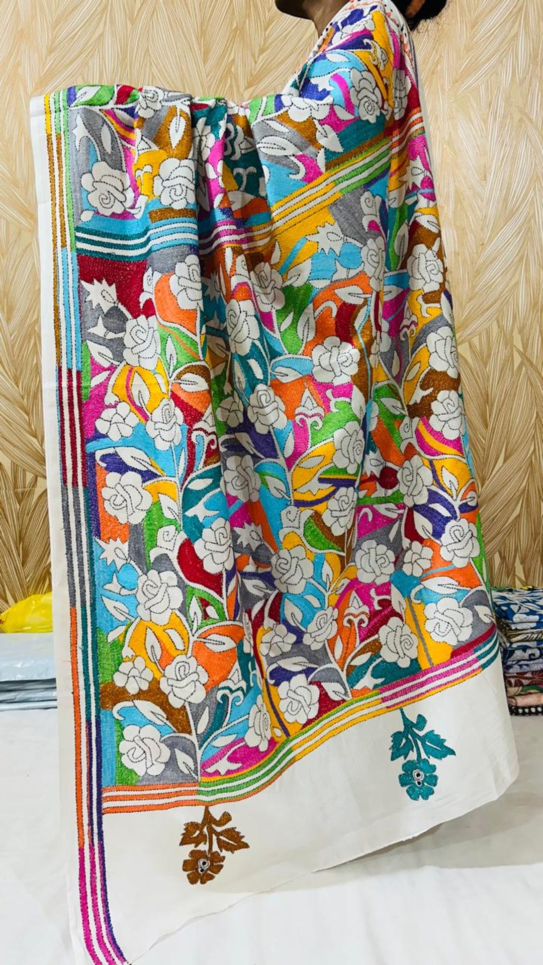 Multicolor - Patchwork Reversible Silk Bengal Hand Kantha Stitch Stole 30
