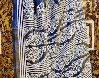 Blue dual tone blended Bangalore Silk Saree: Hand Kantha Stitch Embroidery