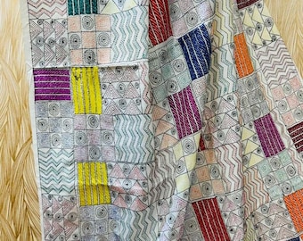 Geometric Kantha Stitch Saree: Half White Canvas, Hand Embroidery