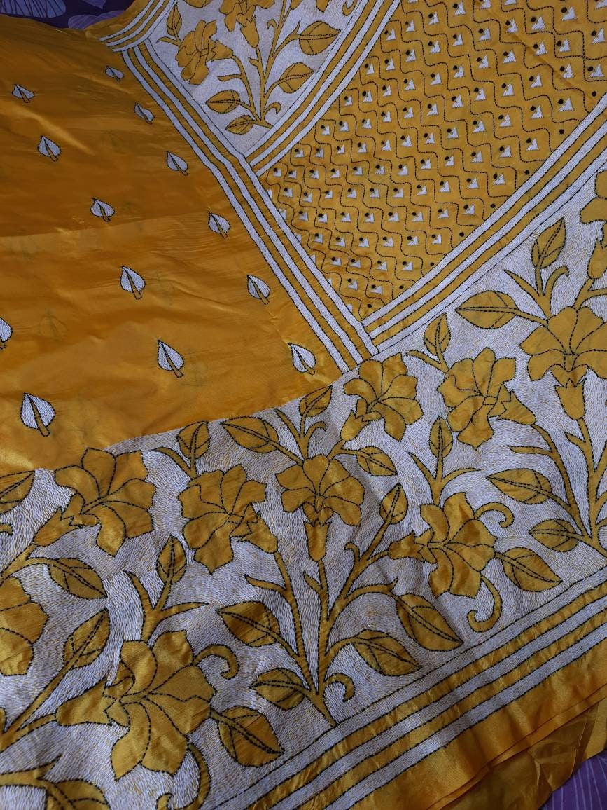 Hand Reverse Kantha Stich Over Blended Bangalore Silk Saree Etsy