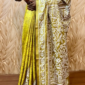 Batik kantha stich saree| lemon yellow colour kantha saree | blended Bangalore silk kantha | Temple  border|Hand stich | party wear saree