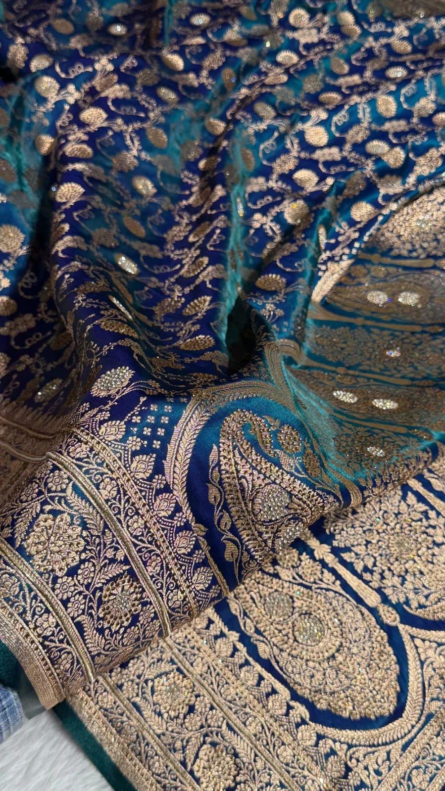 Peacock Blue Jaal Satin Silk Saree: Swarovski Work, Golden Zari