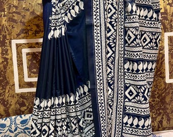 Begampuri Kantha Stitch Saree: Blended Bangalore Silk, Midnight Blue